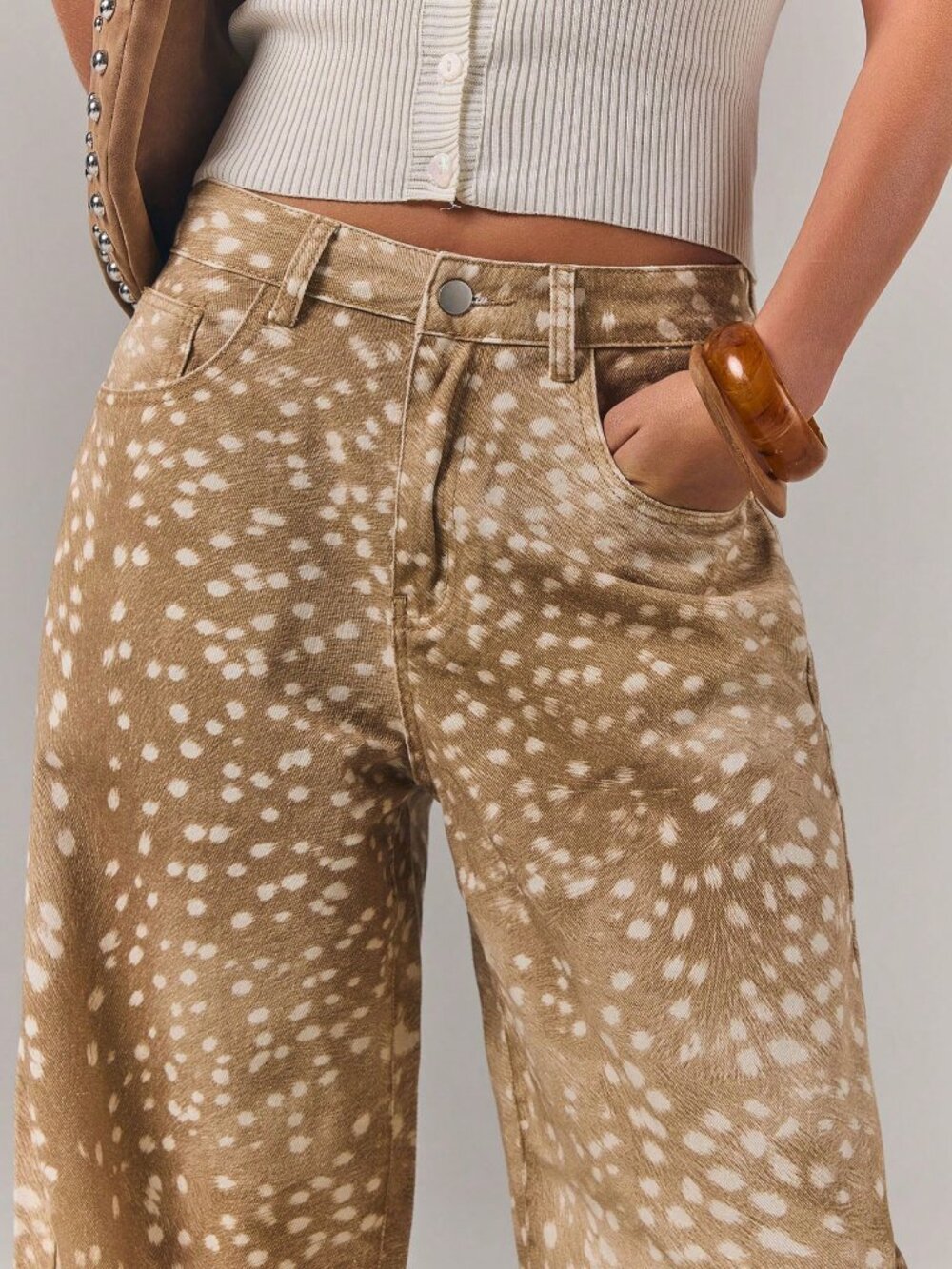 Khaki Casual Womens Denim Versatile All-Over fawn Print Button Pocket Long Pants - Picture 4 of 5